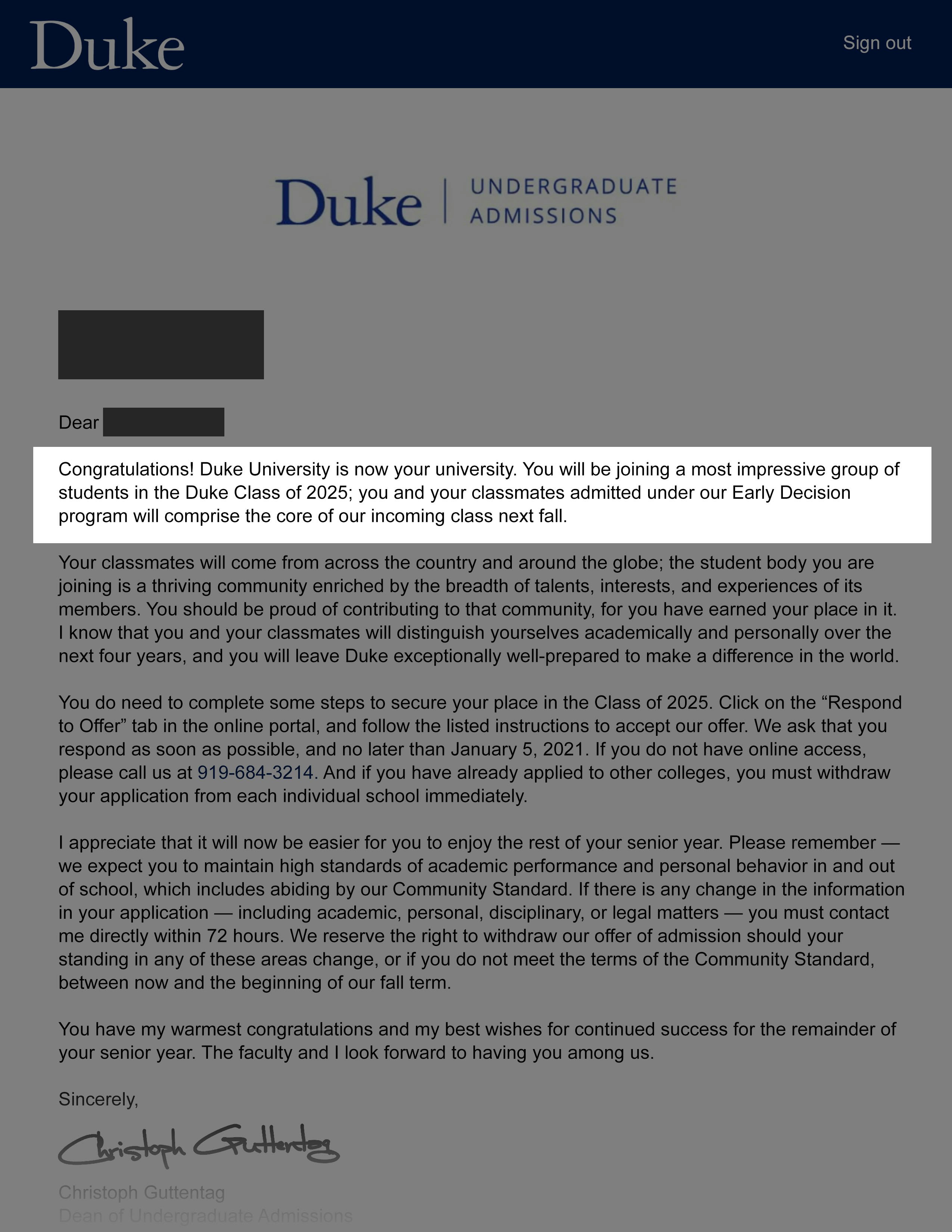 Duke Acceptance Letter