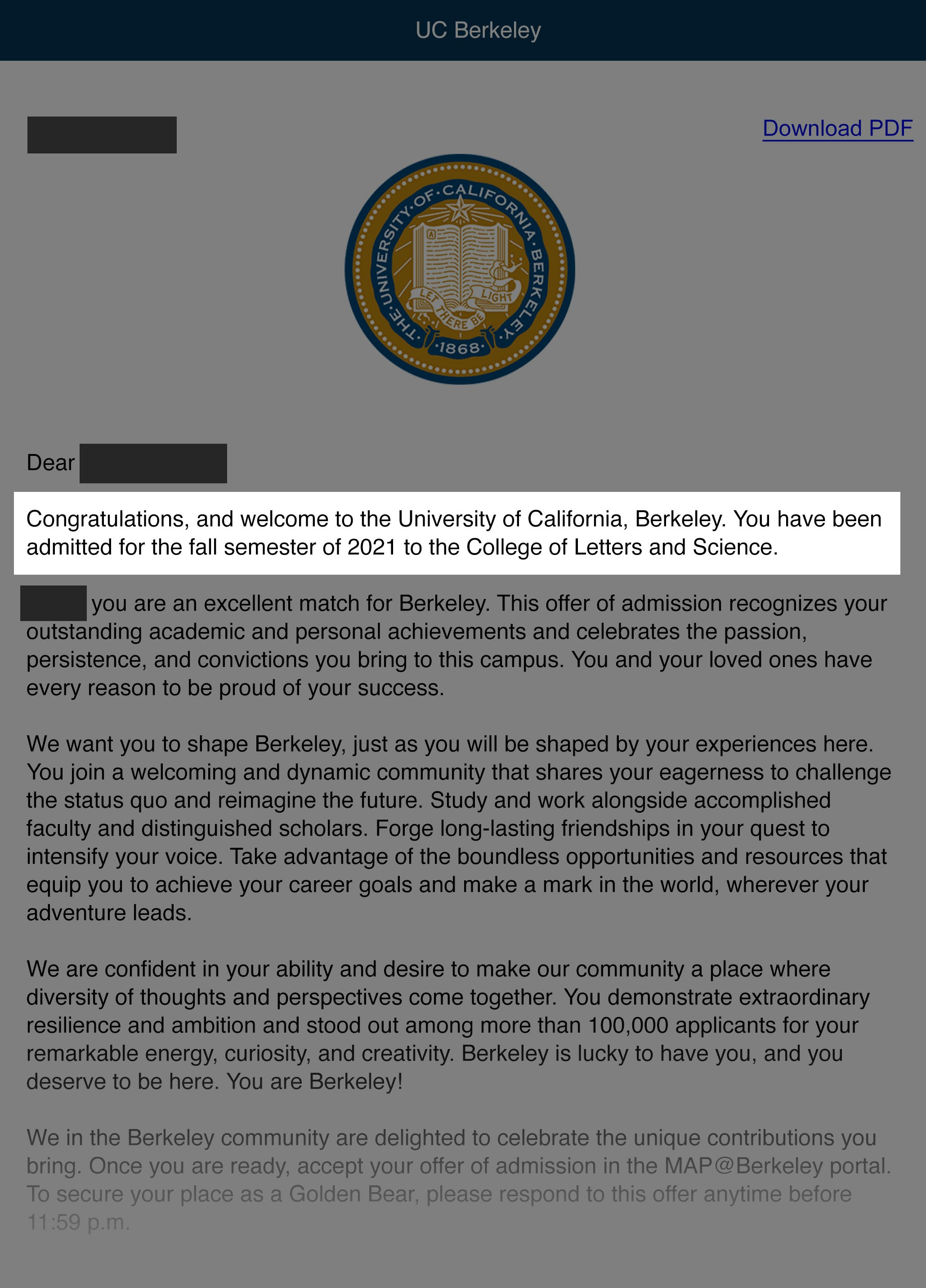 UC Berkeley Acceptance Letter